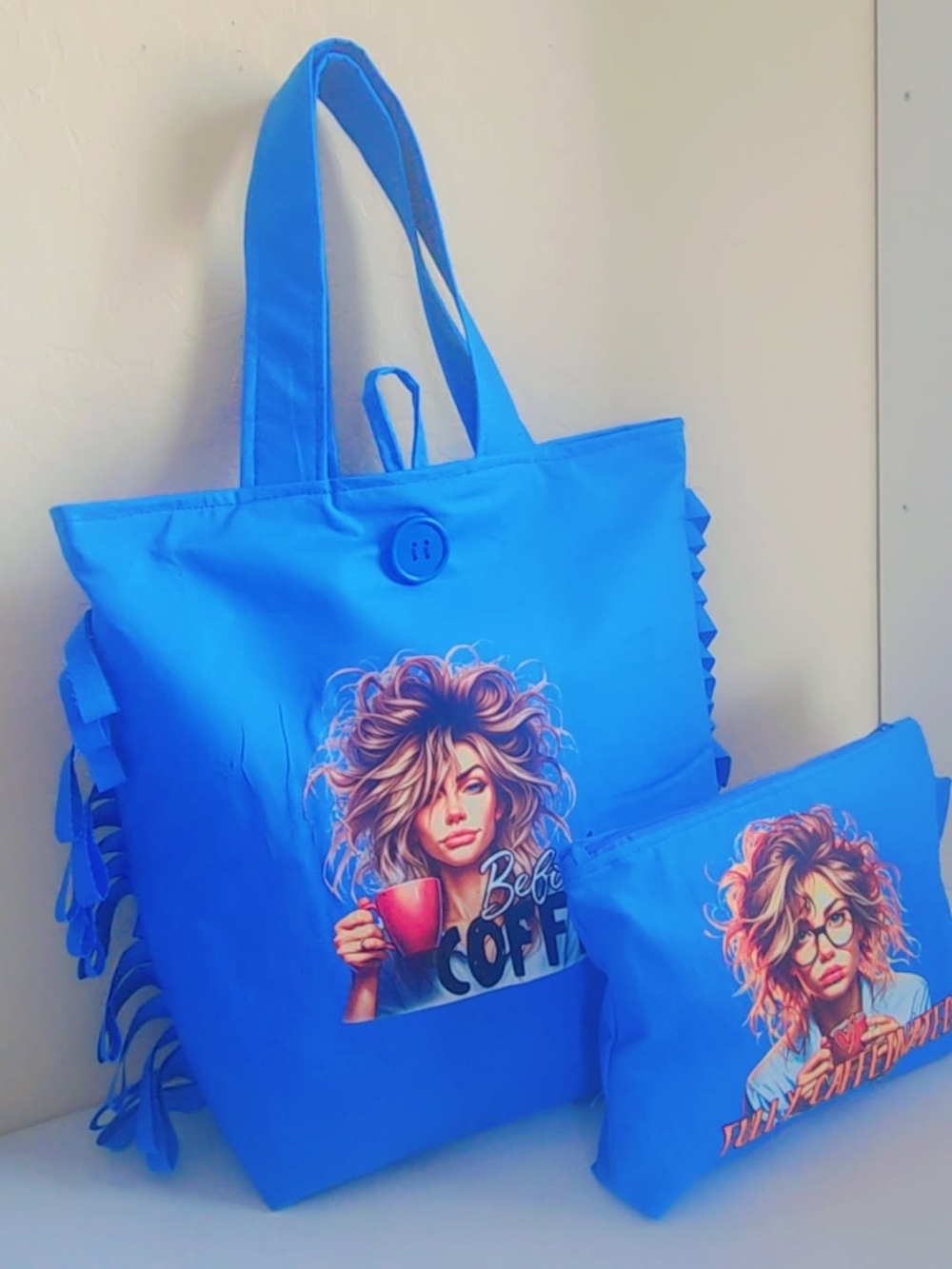 Bright Blue Graphic Tote with Matching Pouch